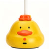 A yellow, duck-shaped interactive cat toy with a white feather teaser attached to a stick.