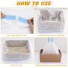 Instructions showing how to use drawstring cat litter box liners for automatic and robotic litter boxes.