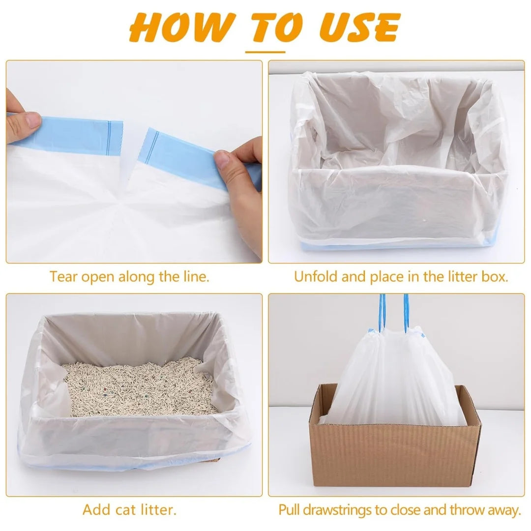 Instructions showing how to use drawstring cat litter box liners for automatic and robotic litter boxes.