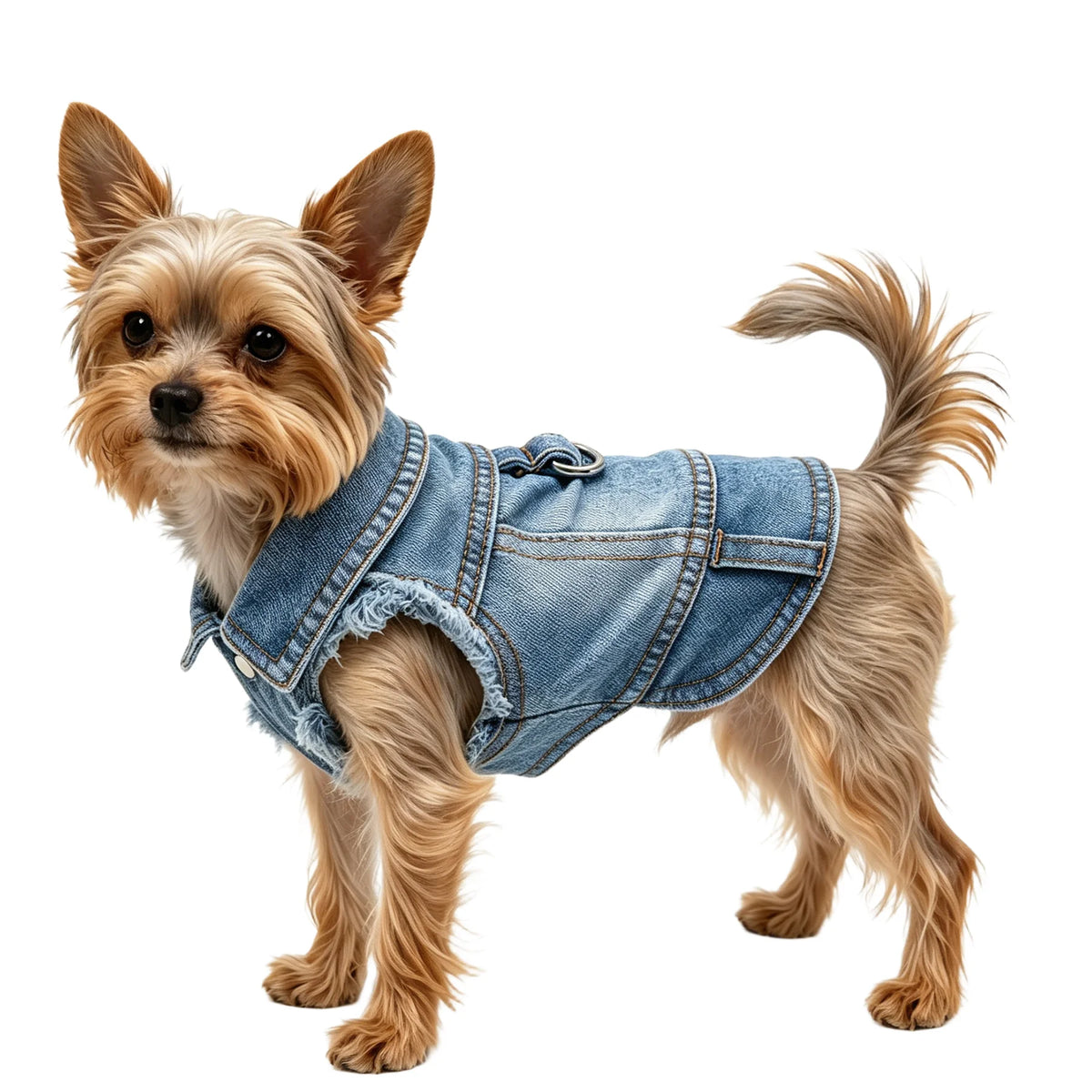 Un petit chien brun clair portant une veste en jean, debout de profil.