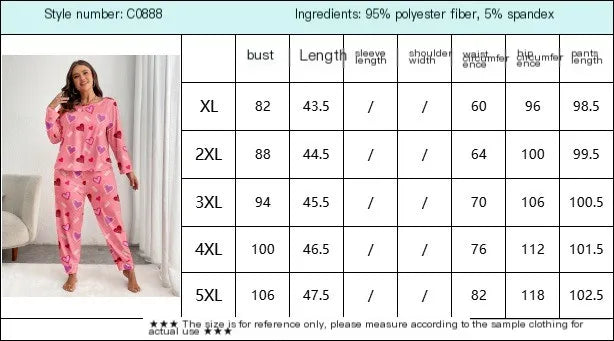 A size chart for a women's plus-size heart print pajama set showing measurements for bust, length, sleeve length, shoulder wi