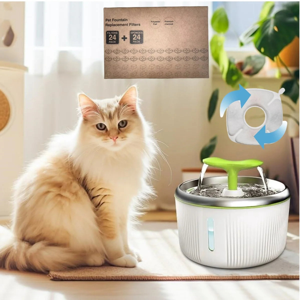 A fluffy ginger cat sits next to a white pet fountain with a replacement filter pack visible.