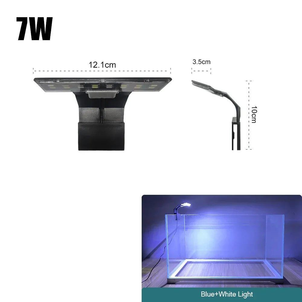 A slim clip-on LED aquarium light is shown with dimensions and a setup illuminating an aquarium.