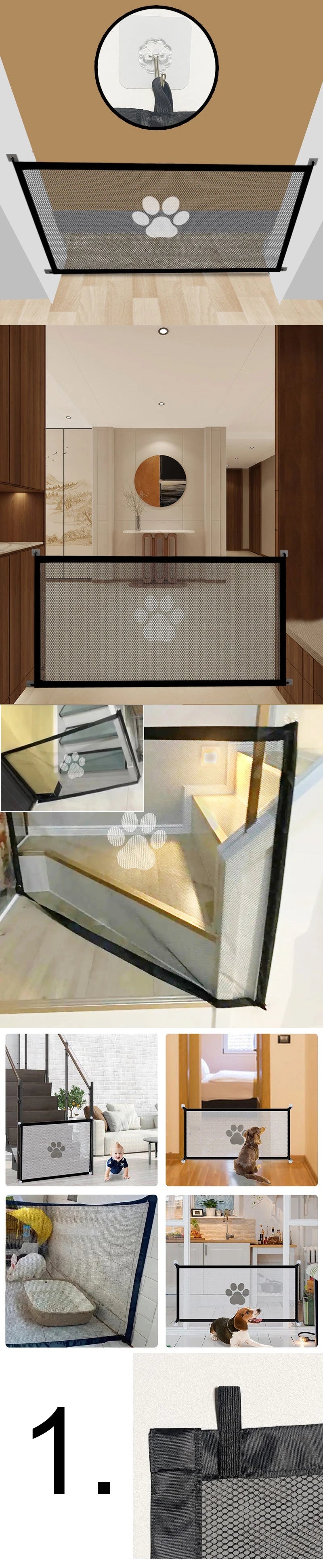 A portable folding pet safety gate with breathable mesh shown in various configurations and angles.