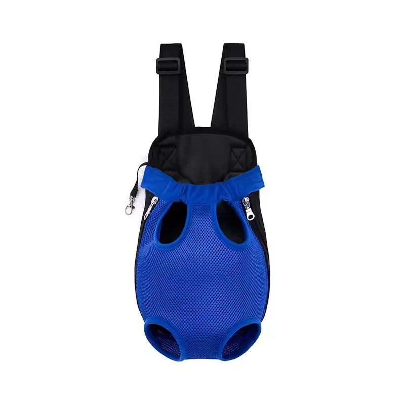 A blue breathable mesh pet carrier backpack for dogs and cats.
