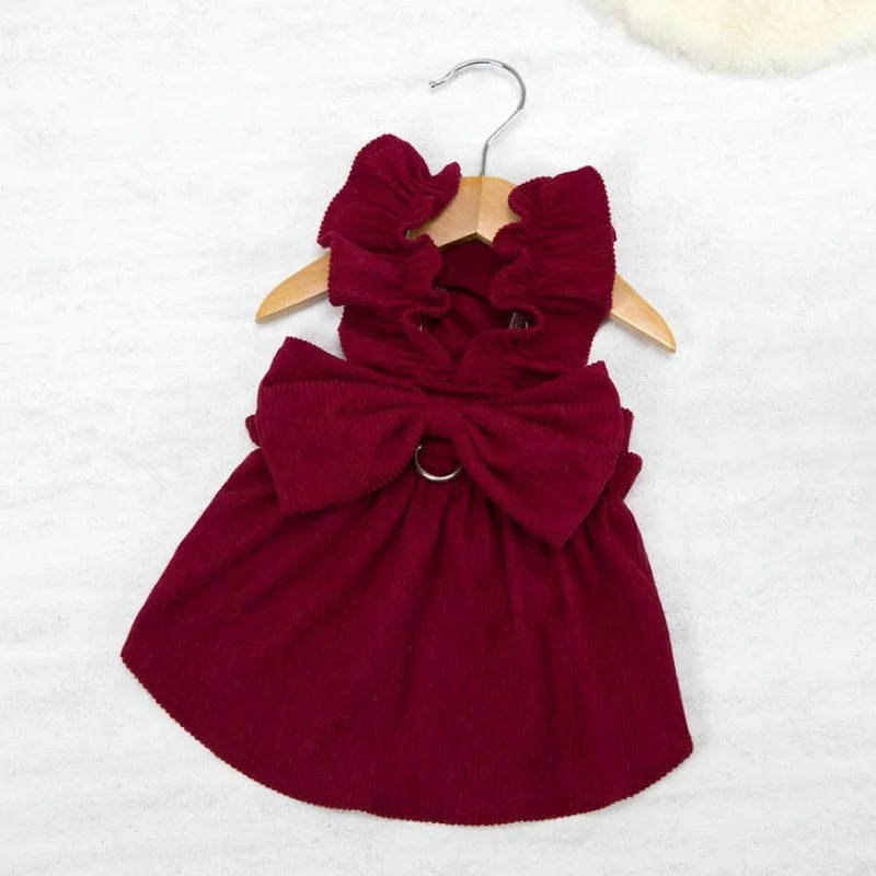 Vintage Corduroy Pet Dress with Bow and Ruffle Skirt