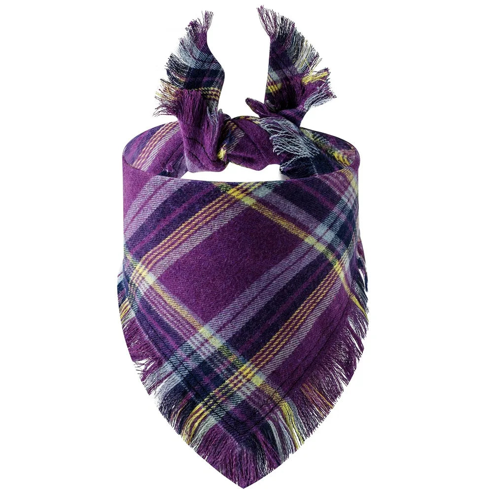 A purple and yellow plaid fabric bandana with fringed edges.