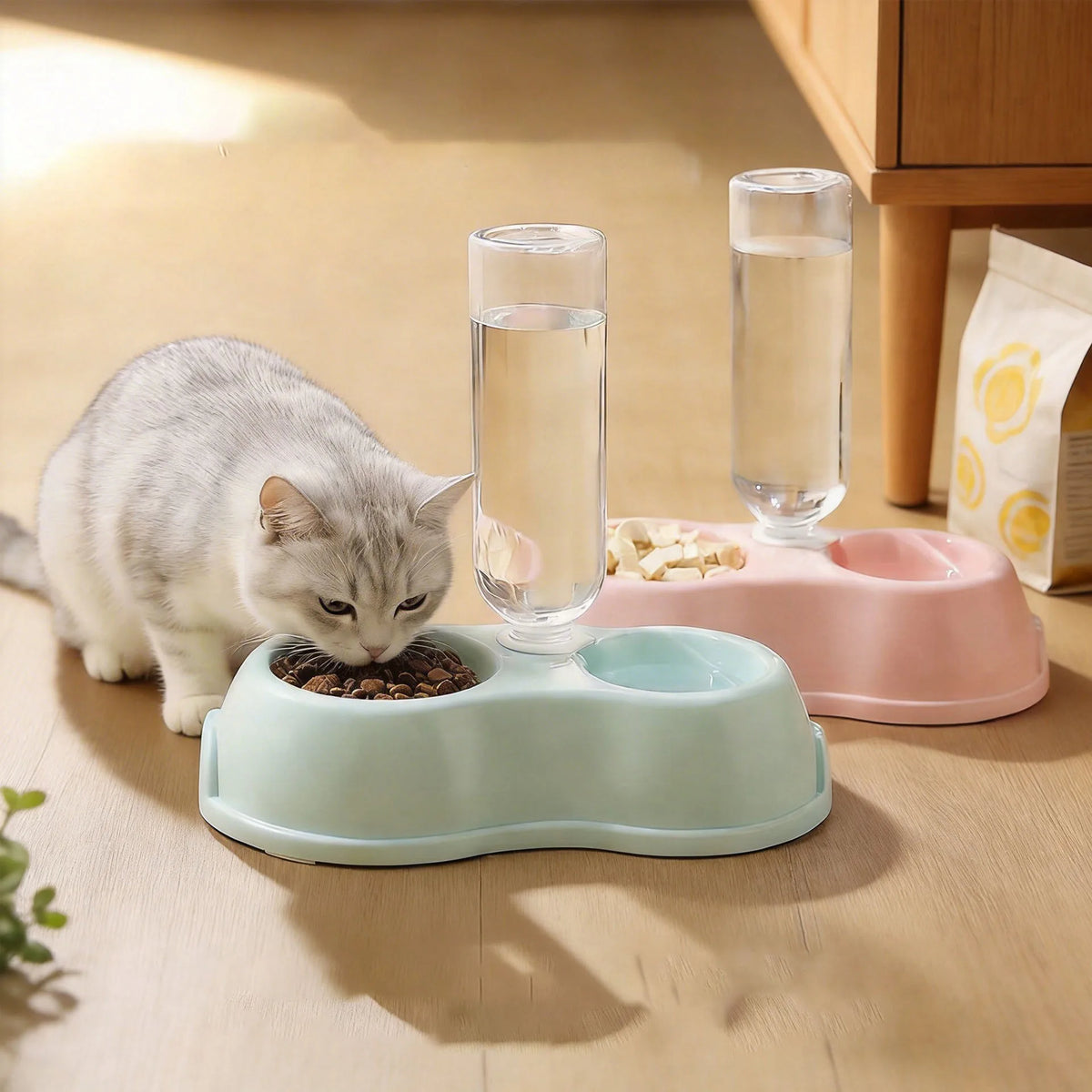 A fluffy gray cat is feeding from a light blue dual-bowl feeder for food and water.