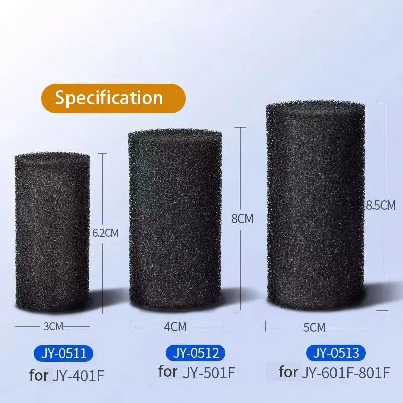 Three cylindrical black sponges of varying diameters are shown with corresponding product codes for aquarium filtration.