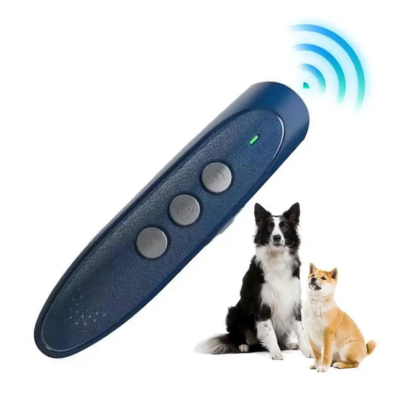 A dark blue ultrasonic dog bark deterrent device with a green LED indicator and a small dog nearby.