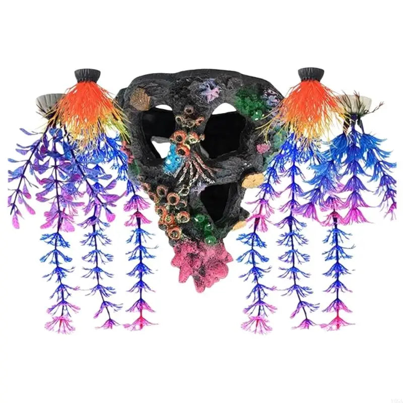 A set of resin fish tank ornaments featuring a black skull with colorful floral accents and dangling feathers.
