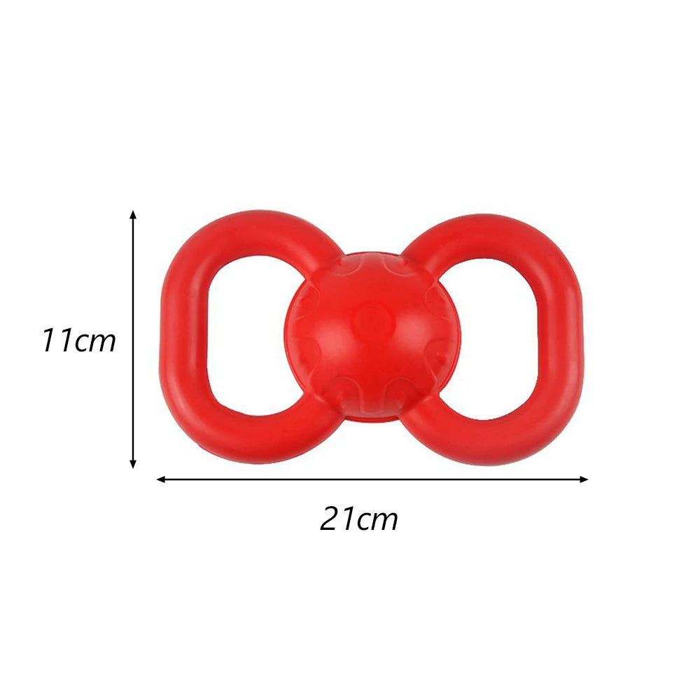 Red hexagonal TPR dog chew toy with a central sphere, shown with dimensions of 11cm by 21cm.