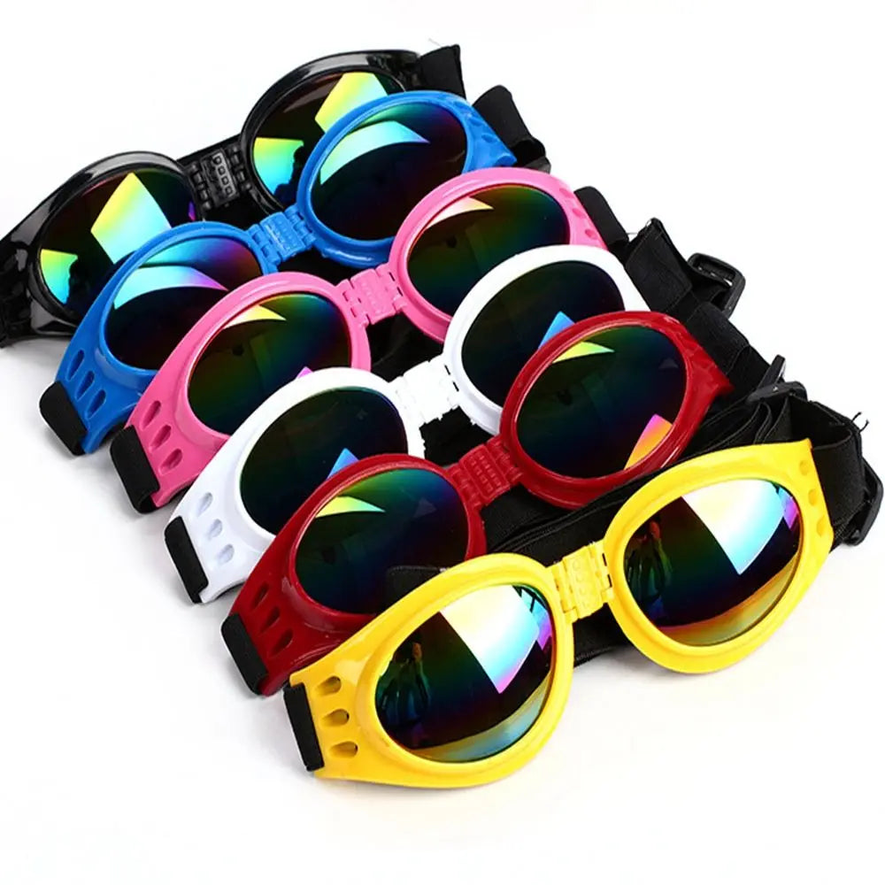 A collection of colorful pet sunglasses in various shades including blue, pink, and yellow.