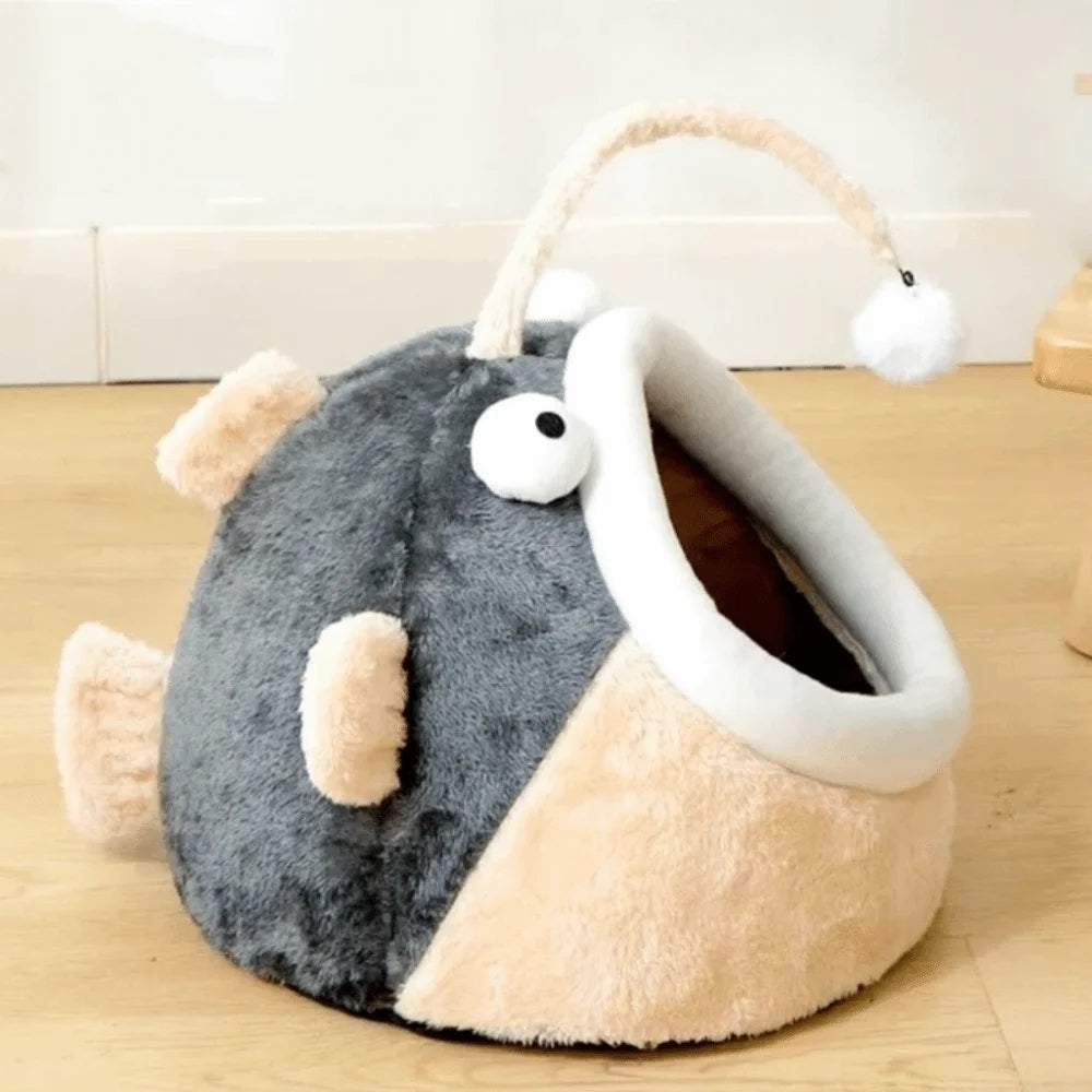 Cozy Cave Cat Bed with Lantern Fish Design