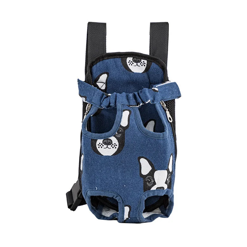 A dark blue dog carrier backpack with a camouflage pattern featuring dog faces.
