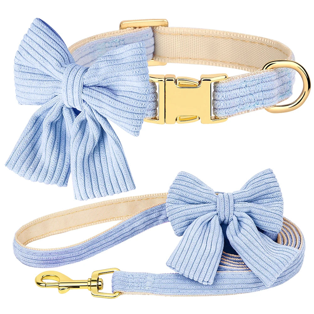 Light blue velvet dog collar and leash set with a bowknot