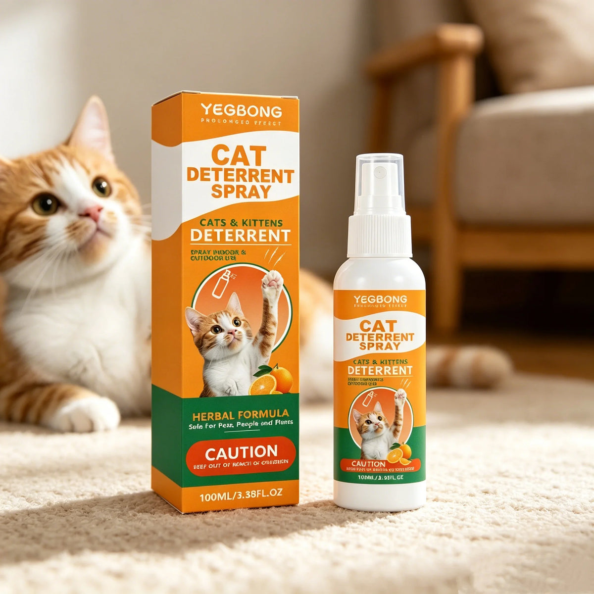 A bottle of Yegbong Cat Deterrent Spray sits next to a ginger cat on a light-colored rug.