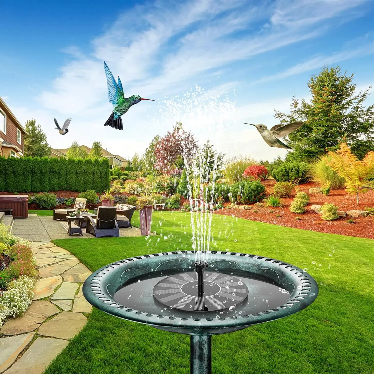 A solar-powered floating fountain pump is installed in a lawn, spraying water into the air.