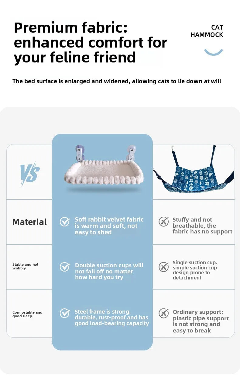Comparison of a premium fabric cat hammock showing features like material, suction cups, and support.