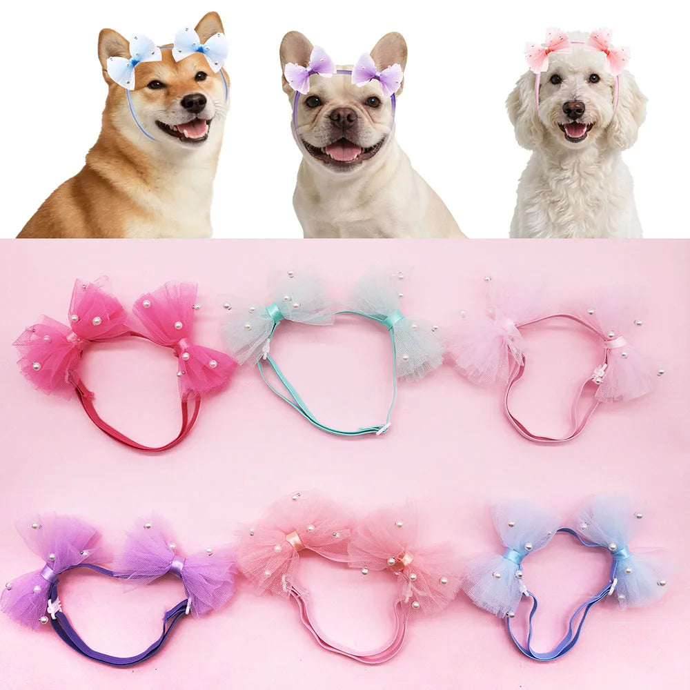 Adjustable Pearl Dog Bows with Elastic Bands for Stylish Pets