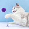A white cat is interacting with a purple spring toy that has a suction cup on the end.