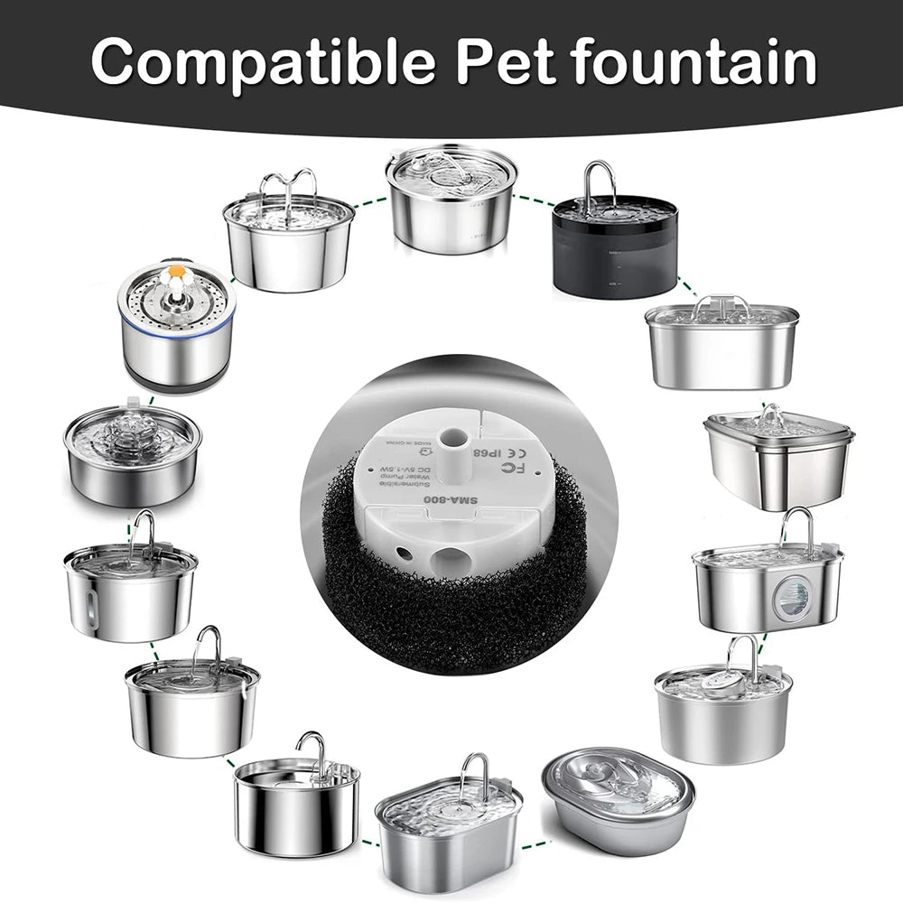A collection of various compatible pet fountain components including bowls, pumps, and filters.