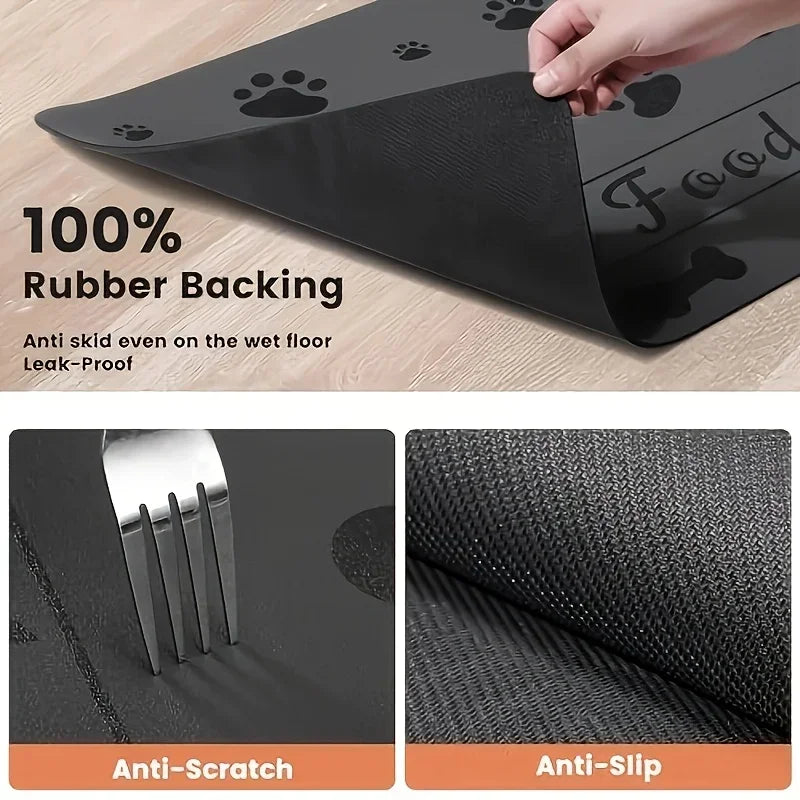 Black rubber backing pet feeding mat with paw prints and anti-scratch features