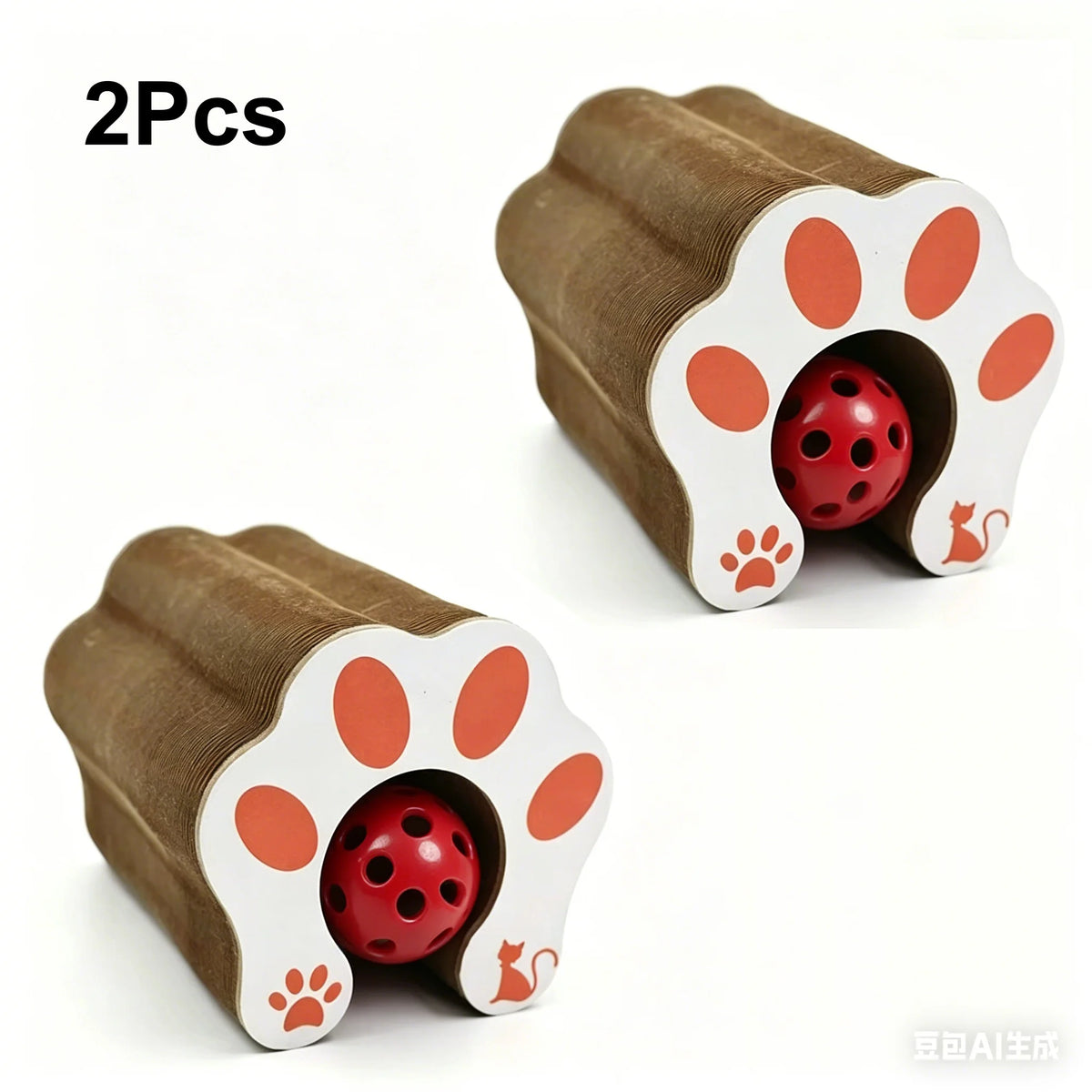 Two foldable cat scratcher boards with ball and bell track, featuring paw print designs.