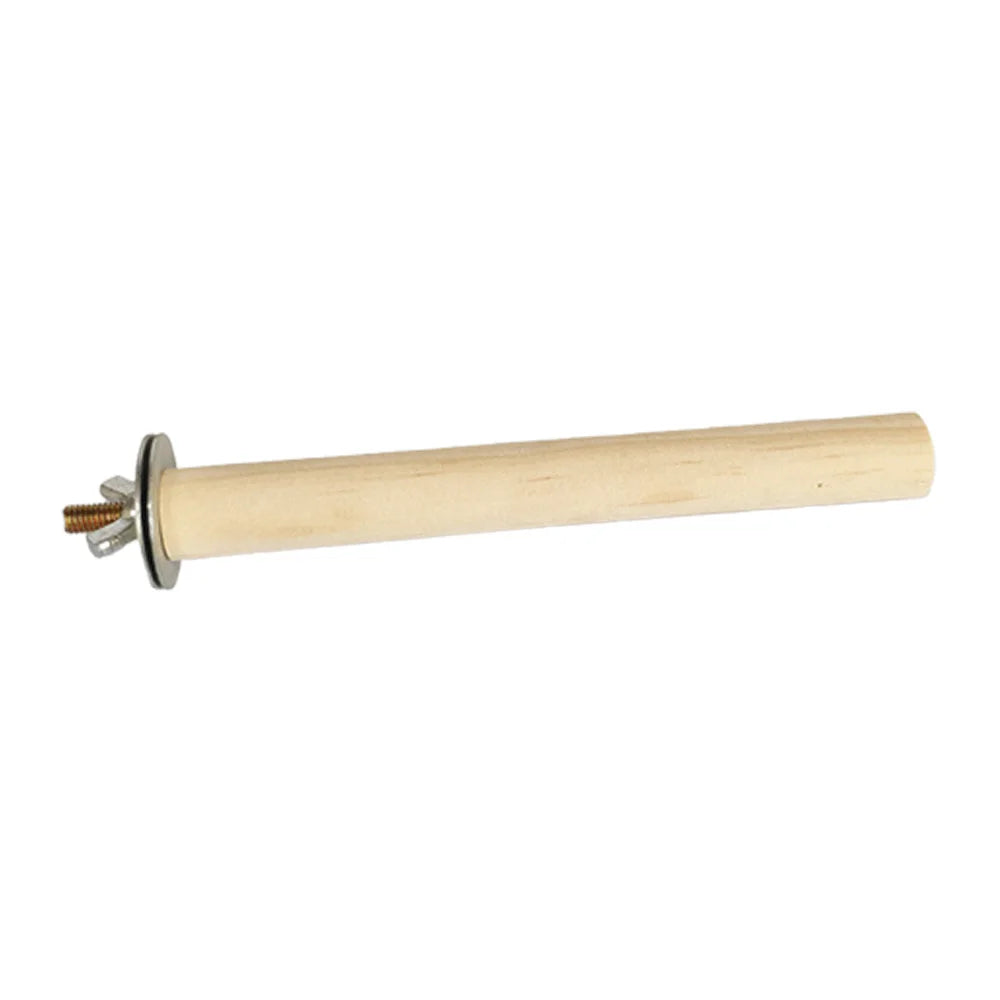 A natural wood hanging perch for parrots with a metal mounting fixture.