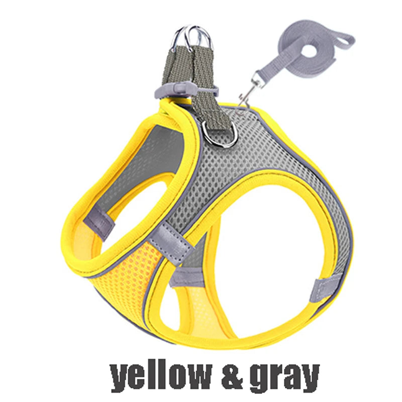 Yellow and gray reflective no-pull dog harness with a matching leash