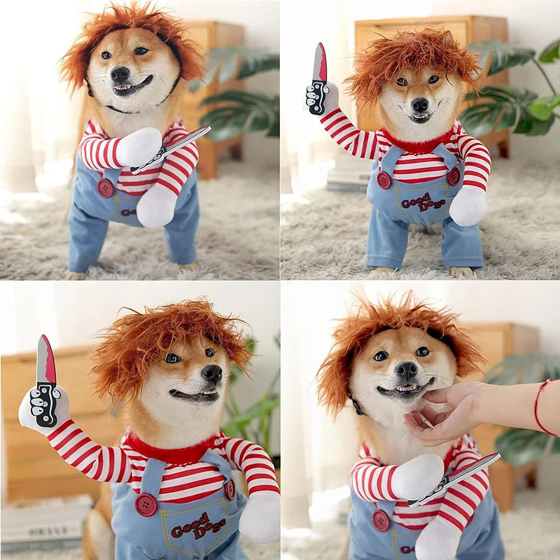 A dog wearing a red and white striped shirt and blue overalls as a Halloween costume