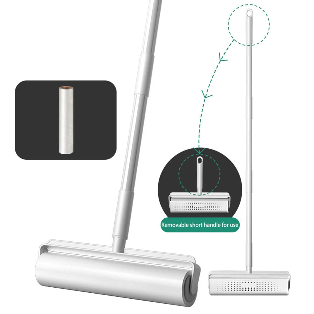 A silver lint roller with a long extendable handle and a removable short handle for use.
