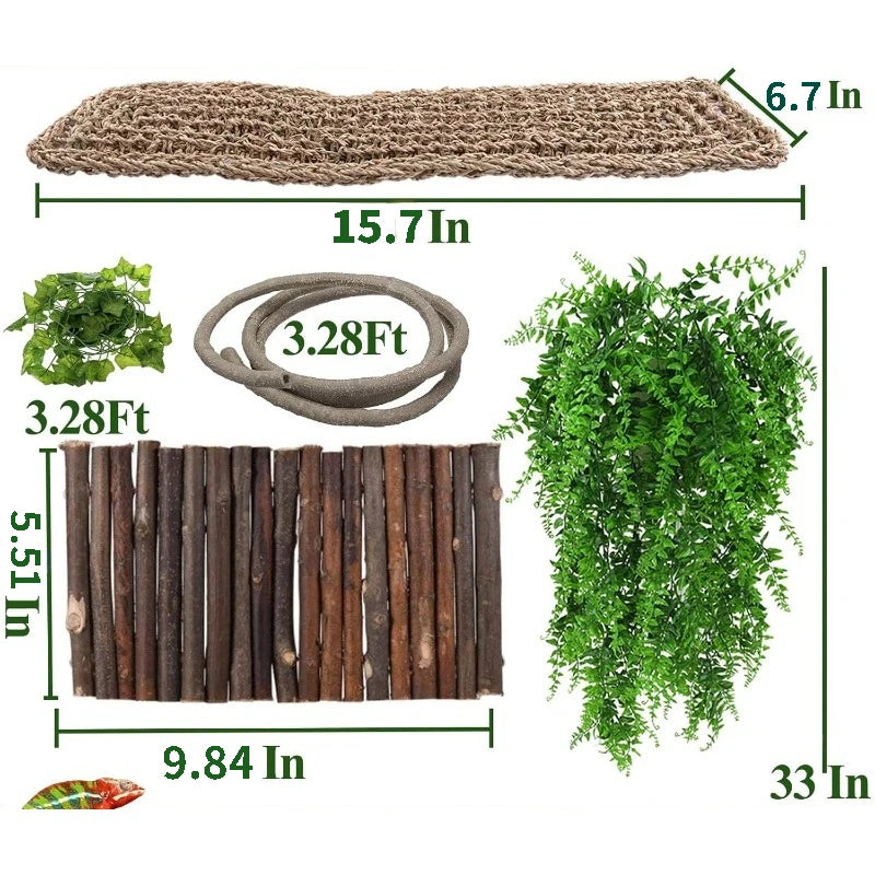 A set of reptile hammock and climbing bridge made of wood and greenery with suction cups.