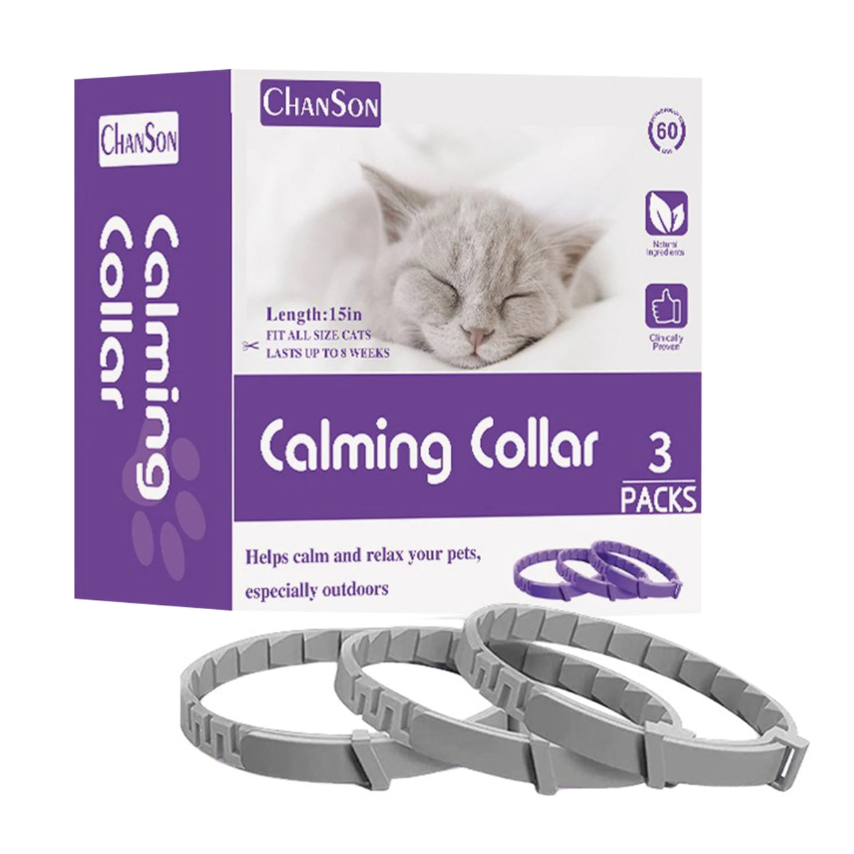 Box of 3 packs of Calming Collar for pets with gray silicone collars shown next to the packaging.