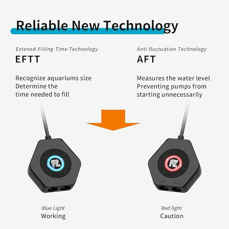 Zwei automatische Wasser-Nachfüllsysteme, eines mit blauem Licht arbeitet und eines mit roter Warnung.