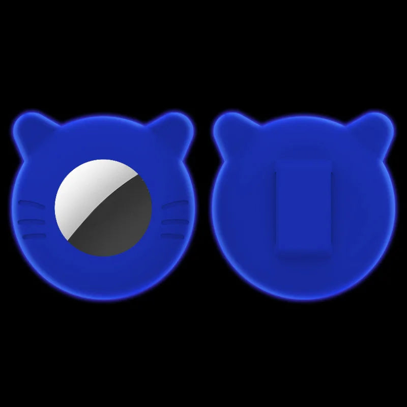 A pair of blue silicone collar holders shaped like cats, designed to hold pet tags.