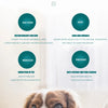 Ein Hund liegt und schaut in die Kamera neben Marketingtext, der vier große Vorteile für Tierpflegeprobleme beschreibt.