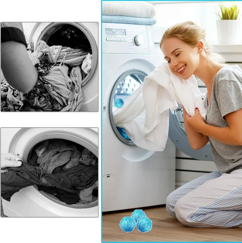 A woman is using reusable lint filter balls inside a washing machine drum to clean laundry.