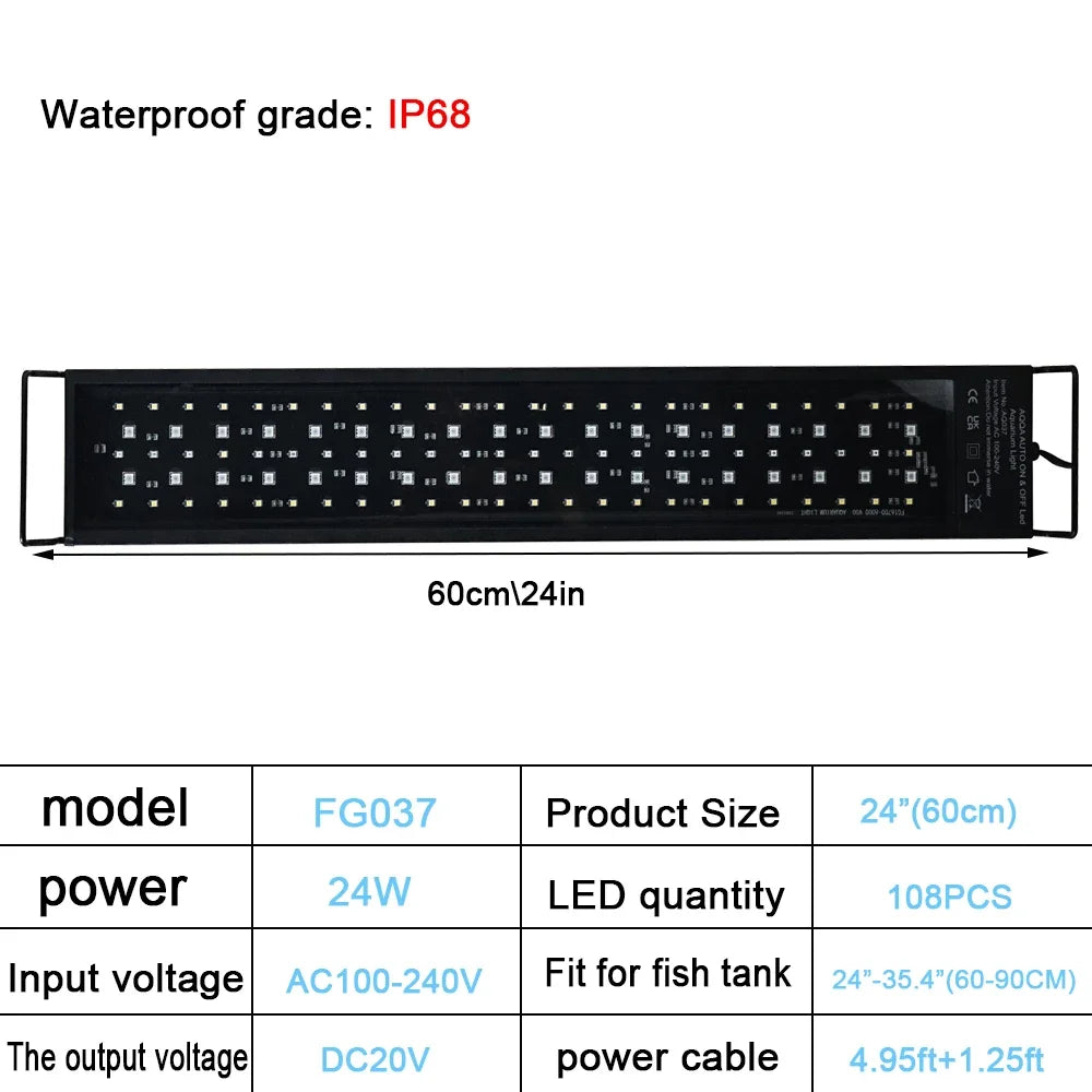 Black waterproof IP68 LED light bar with specifications for a fish tank.