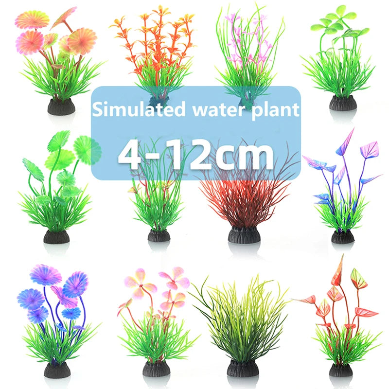 A collection of simulated water plants in various colors and shapes for fish tank decor.