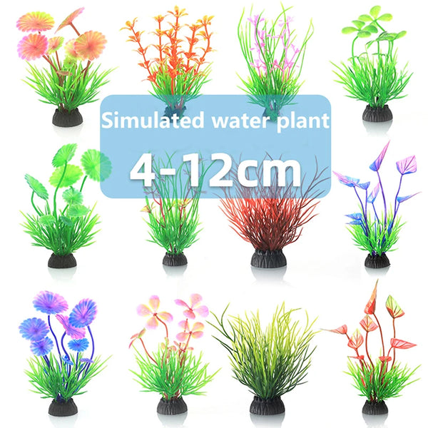 A collection of simulated water plants in various colors and shapes for fish tank decor.