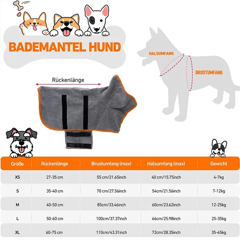 A variety of sizes of a gray adjustable dog bathrobe are shown alongside illustrations of dogs.
