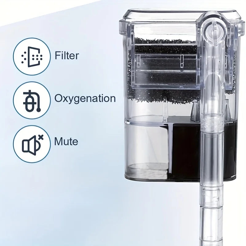 A clear plastic mini aquarium filter with a filter, oxygenation, and mute function visible.