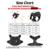 Size chart and diagrams showing measurements for a tactical dog harness set including a collar, chest girth, belly length, an
