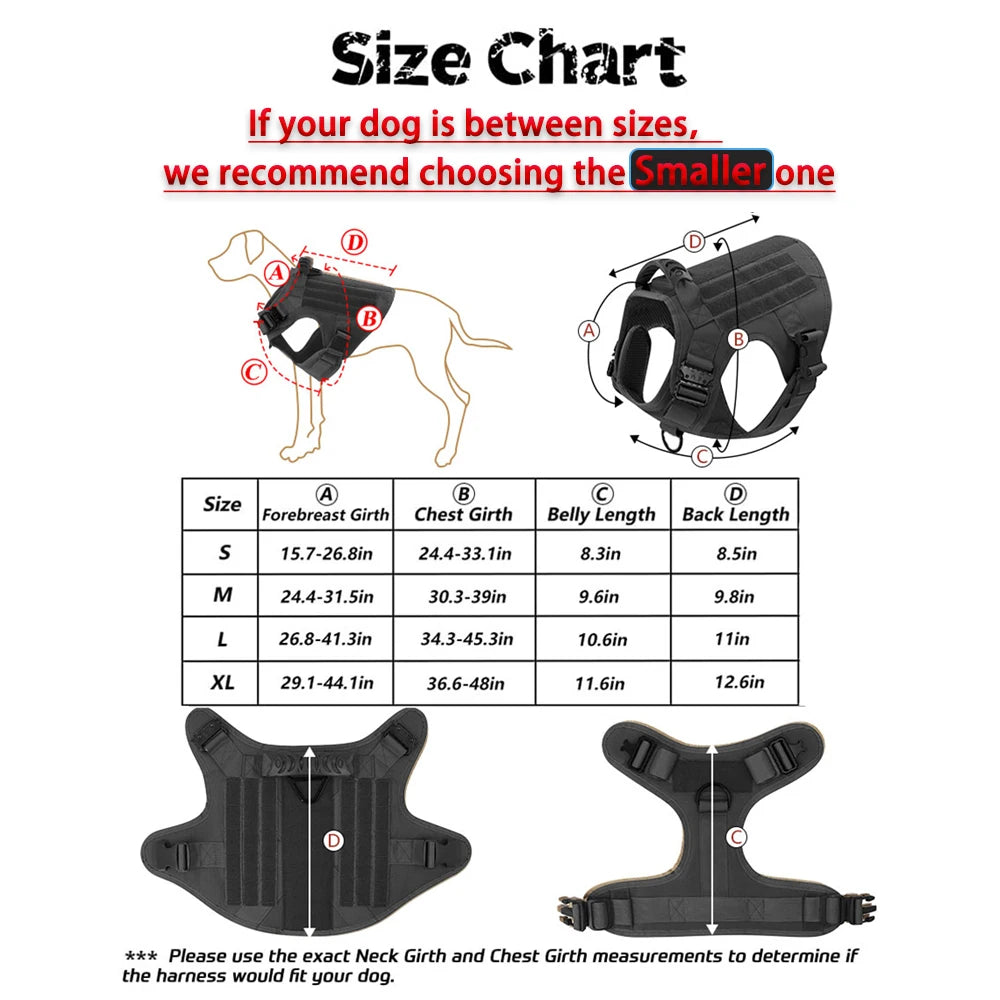 Size chart and diagrams showing measurements for a tactical dog harness set including a collar, chest girth, belly length, an