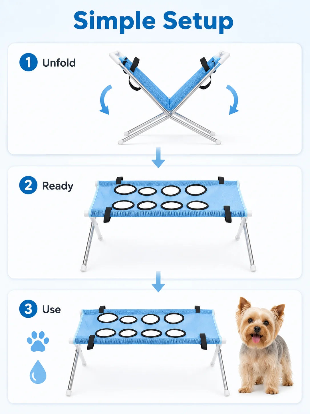 Instructions showing how to unfold, prepare, and use a foldable pet bath hammock stand for small dogs and cats.