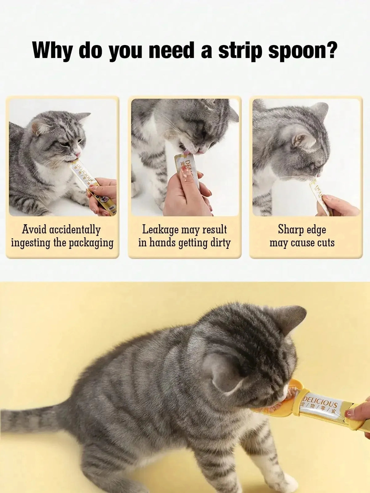 Un gato atigrado usa una cuchara de mango largo para alimentarse, demostrando la necesidad de una cuchara de tira.