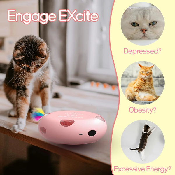 A pink interactive smart cat toy is displayed next to a tabby cat, with text suggesting it can help with depression, obesity,