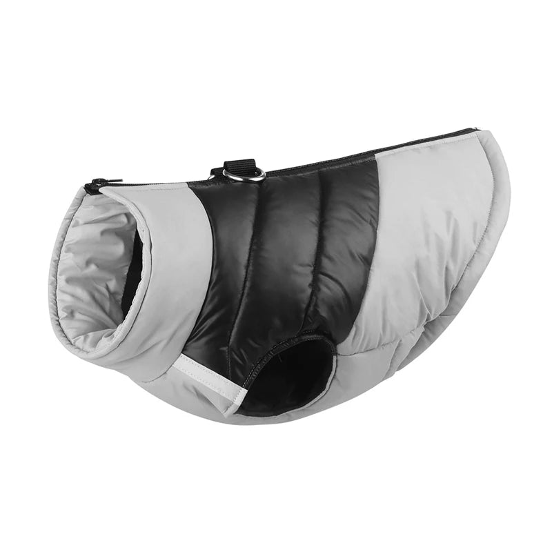 A gray and black padded dog jacket with a cutout for the neck.