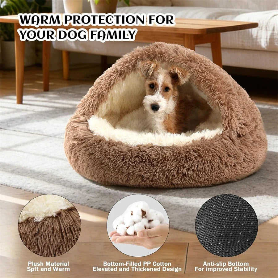 A brown plush pet bed nest with an inner lining, showing the material and design features.